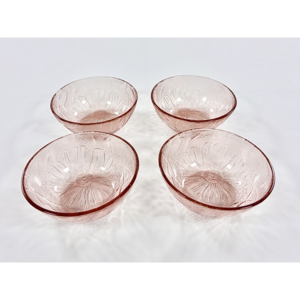 Lot 4 Vintage KIG Indonesia Pink Glass Hibiscus Bowls 5" Textured Floral Trinket